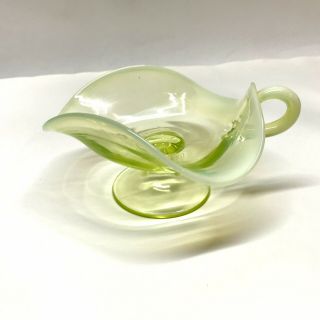 Hand Blown Vaseline Glass Footed Candy Dish Single Handle Vintage