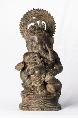 Antique Chola Style Seated Bronze Ganesha Statue With Baby Ganesh - 38cm/15 "