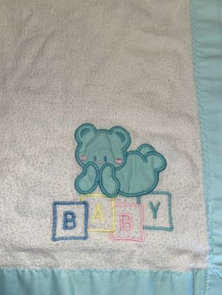 Vtg 80’s Cuddle Time Baby Blanket Teddy Bear Abc Blocks White Pastel Blue Trim