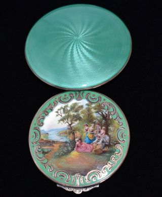STUNNING Antique 935 SOLID STERLING ENAMEL GUILLOCHE Hand Painted LARGE Compact 2