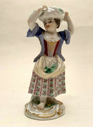 Antique Meissen Porcelain Figurine Girl With Flowers In Her Headscarf And Apron