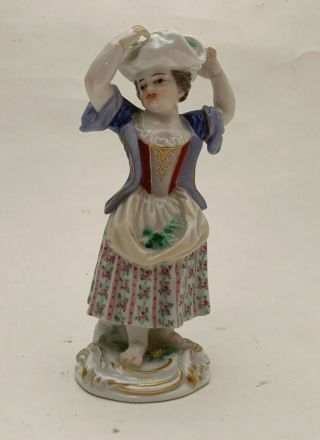 Antique Meissen Porcelain Figurine Girl with Flowers in Her Headscarf and Apron 2