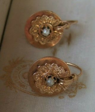 Antique French Victorian 18ct Rose Gold Lace Small Dormeuses Earrings