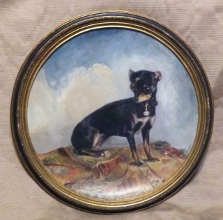 Antique Old Black Chihuahua Dog Pet Portrait Oil Painting Oriental Rug