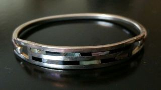 Alpaca Silver Hinged Bracelet Black Abalone And Mother Of Pearl Inlay Vintage