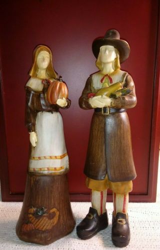 2 Vintage 12 " Wood Figurines Thanksgiving Pilgrims Fall Harvest Decorations