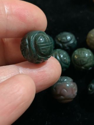 One Vintage Carved Chinese Green Bloodstone Stone Round Bead W/ Shou Design 14mm