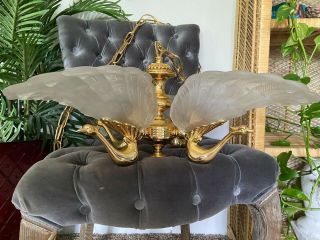Vintage Mid Century Modern Hollywood Regency Brass Swan Ornate Swag Chandelier