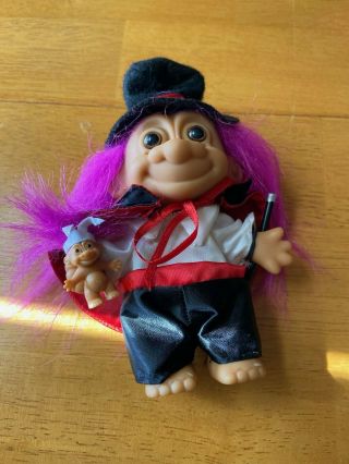 Vintage Russ 5 " Troll Doll Magician Holding Baby Purple Hair Black Hat