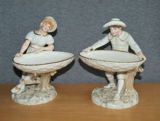 Antique Royal Worcester Porcelain Hadley Figural Boy & Girl Bon Bon Dishes 1885