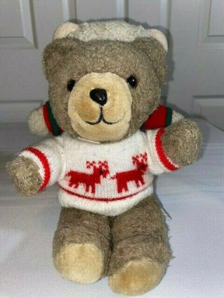 Vintage 12 Inch Medium Brown Teddy Bear Plush In White Sweater