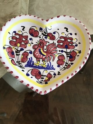 Vintage Italian Deruta Red Rooster Hand Painted Ceramic Heart Trinket Dish