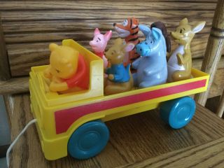 Vintage Winnie The Pooh Wagon Pull Toy With 6 Shape Figures Disney Complete