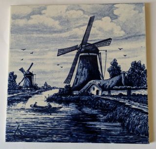 Vintage Delft Blauw Blue Hand Painted Windmill Tile Made In Holland 6 " X 6 "