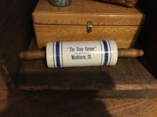 Antique Stoneware Rolling Pin With Blue Stripes And Advertising