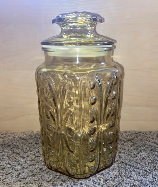 Amber Marigold Storage Canister Jar Kitchen Glass Cookie Jar Vintage 9 " W/ Lid