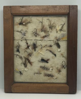 Framed Display Of Antique Hand Made Fly Fishing Flies / Lures