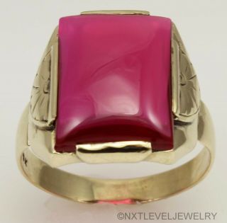 Antique 1920 ' s Art Deco LARGE Ruby Cabochon 10k Solid Yellow Gold Men ' s Ring 2