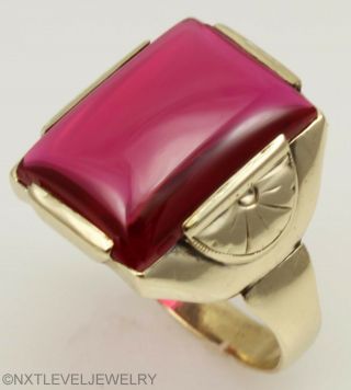 Antique 1920 ' s Art Deco LARGE Ruby Cabochon 10k Solid Yellow Gold Men ' s Ring 3