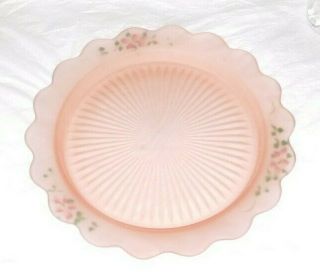 Lovely Vintage Frosted Pink Satin Glass Cake Plate/platter Hand - Painted 12 - 1/2 "