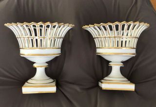 Pair Antique Paris Porcelain Reticulated Pedestal Centerpiece Bowls White Gold