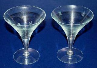 Vtg Modern Mid Century Martini Glasses With Etched Starbursts 5 " Tall