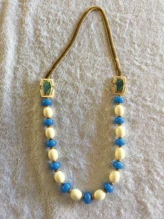 Vintage Trifari Gold Tone Necklace With White And Blue Lucite Beads