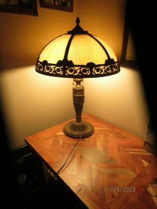 Vintage 6 - Paneled Carmel Slag Glass Table Lamp,  Salem Bros.  1920 