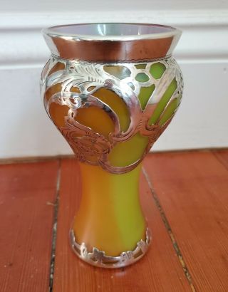 Antique Loetz Silver Overlay Art Glass Vase 5.  25 