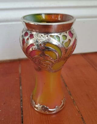 Antique Loetz Silver Overlay Art Glass Vase 5.  25 