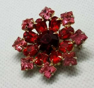 Vintage Pink Red Rhinestone Goldtone Pin Brooch