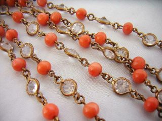 Antique 3 Row Coral & Rock Crystal Necklace French 1900 Vintage Coral Necklace