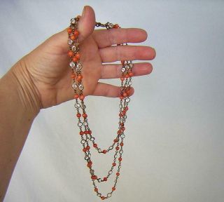 ANTIQUE 3 ROW CORAL & ROCK CRYSTAL NECKLACE FRENCH 1900 VINTAGE CORAL NECKLACE 3
