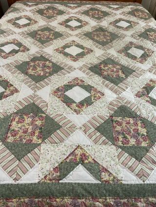 Old World Charm Vintage Hand Quilted Squares In Squares Patchwork Quilt 89 " X88 "