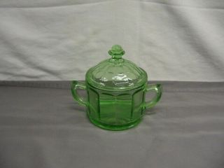 Vintage Clear Green Depression Glass Paneled Sugar Bowl 4 1/2 " Height Vgc