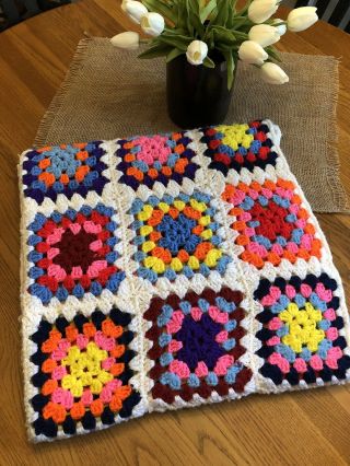 Vintage Handmade Crochet Granny Square Patchwork Afghan/throw Multi - Colored Boho