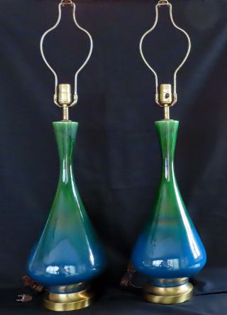 Rare Mid - Century Modern Blue Green Tall Drip Glaze Table Lamps