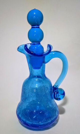Vintage Hand Blown Blue Crackle Art Glass Cruet W/stopper 7 " Tall W/stopper