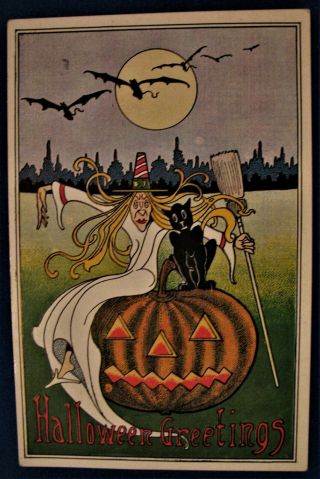 Antique Very Rare White Witch And Black Cat On Pumpkin Halloween Postcard