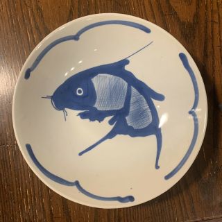 Vintage White And Blue Koi Fish Plate Chinese Painted Porcelain