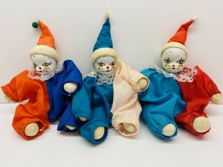 Vintage Set Of 3 Clown Dolls With Painted Porcelain Heads & Bean Bag Bodies 8.  5 "