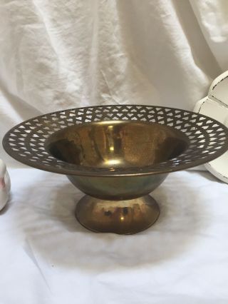 Vintage Large Brass Bowl With 4 Rows Of Cut Out Hearts Around Rim Farmhouse Chic