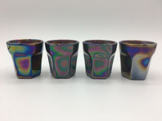 Vtg Set Of 4 Miniature Carnival Glass Iridescent Blue Purple Drinking Cups
