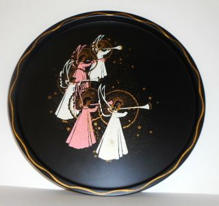 Vintage Christmas Tray Angels Pink And White Trumpets Nashco Round Black Mcm