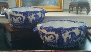 Gorgeous Rare Pair Large Blue And White Porcelain Chinoiserie Cachepots