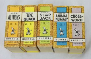 5 Vtg Russell Card Games Boxed Miniature Authors Slap Jack Dr Quack Rummy Cross