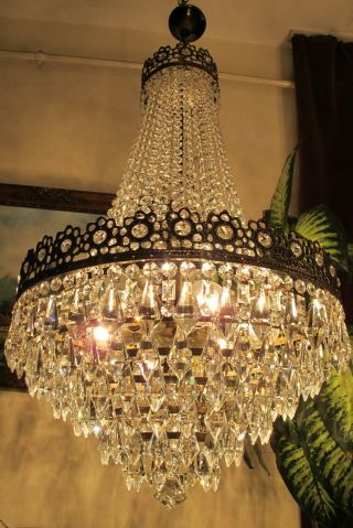 Antique Vnt.  Huge Basket Style Swarovski Crystal Chandelier Light Lamp 1940 