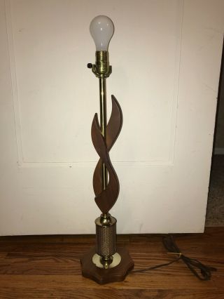 Vtg Mid Century Danish Modern Sculptural Wood And Brass Table Lamp 34 " X 8 "