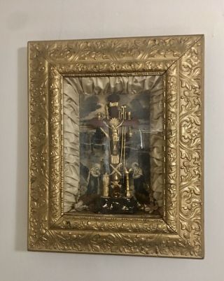 Rare Antique Handmade Framed Christ,  Religious Wall Altar,  Crucifix 18 " X 22 "