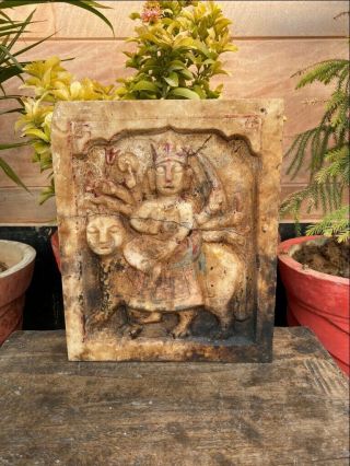 Ancient Marble Stone Hand Carved Hindu Goddess 6 Hand Ride Lion Mace Figurine